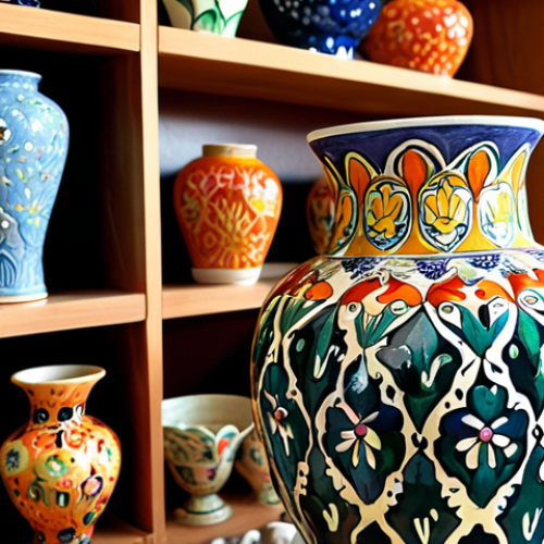 Artistic Ceramics - Kak Maria's Vase**

A close-up of Kak Maria, a ceramic artist, delicately painting floral patterns on a vase in her studio. Focus on the vibrant colors and the intricate details of the brushstrokes. The background shows shelves filled with diverse ceramic art pieces.

**