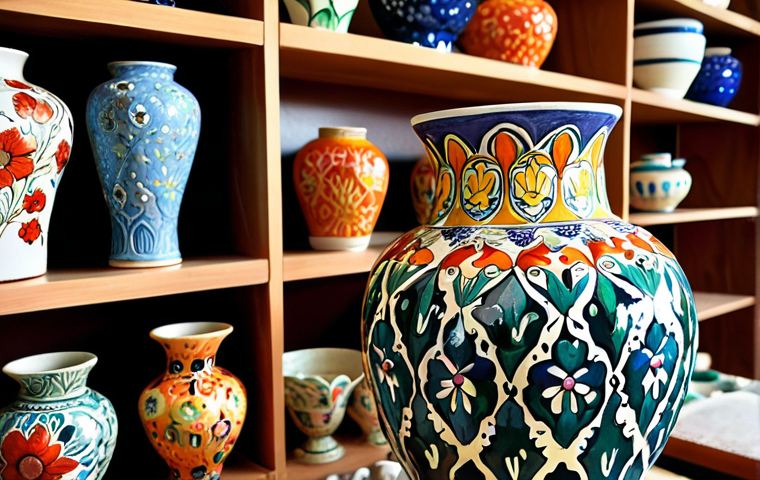 Artistic Ceramics - Kak Maria's Vase**
A close-up of Kak Maria, a ceramic artist, delicately painting floral patterns on a vase in her studio. Focus on the vibrant colors and the intricate details of the brushstrokes. The background shows shelves filled with diverse ceramic art pieces.
**