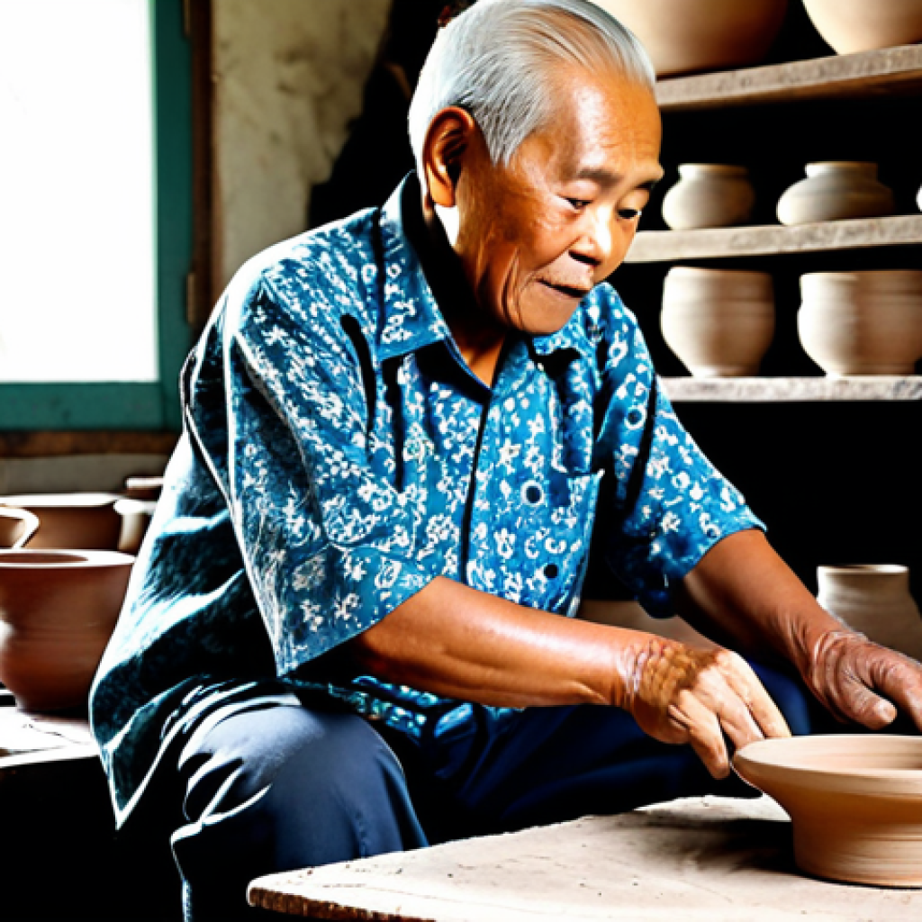 An experienced elderly Malaysian ceramic artisan, a 'pak cik', fully clothed in a modest, traditional batik shirt and practical work pants, intently working at a foot-powered pottery wheel in his rustic, well-lit studio. His well-formed hands are skillfully shaping a piece of clay. The scene emphasizes traditional craftsmanship and dedication. Natural pose, perfect anatomy, correct proportions, proper finger count, natural body proportions. Safe for work, appropriate content, fully clothed, professional, high-quality, professional photography.