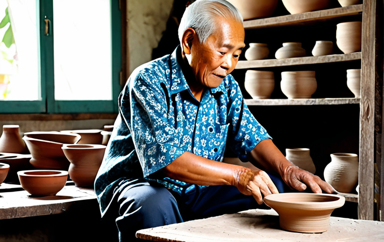 An experienced elderly Malaysian ceramic artisan, a 'pak cik', fully clothed in a modest, traditional batik shirt and practical work pants, intently working at a foot-powered pottery wheel in his rustic, well-lit studio. His well-formed hands are skillfully shaping a piece of clay. The scene emphasizes traditional craftsmanship and dedication. Natural pose, perfect anatomy, correct proportions, proper finger count, natural body proportions. Safe for work, appropriate content, fully clothed, professional, high-quality, professional photography.
